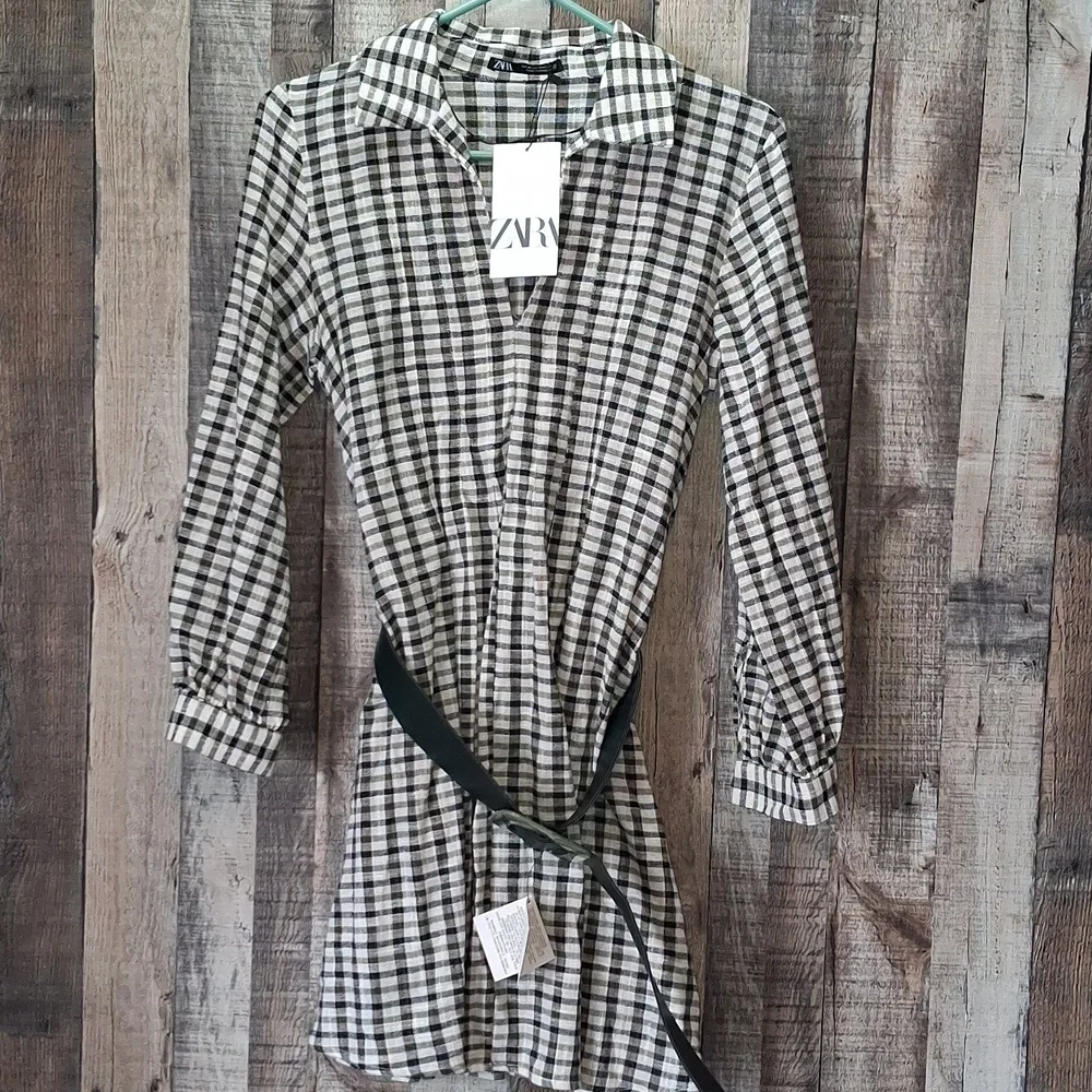 Zara Black & Cream Checked Mini Shirt Dress with Waist Belt Size XS NWT